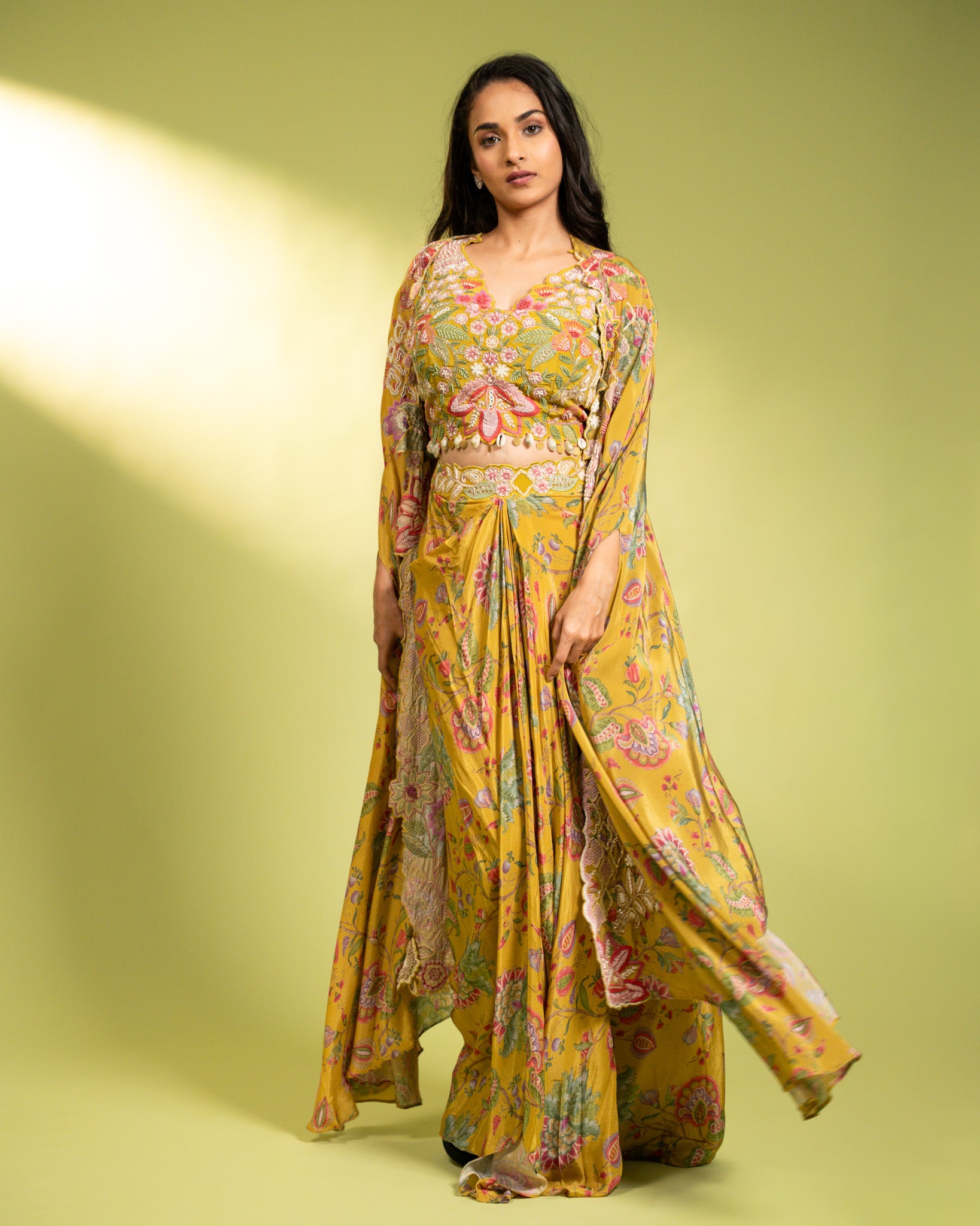 YELLOW FLORAL DRAPE SKIRT