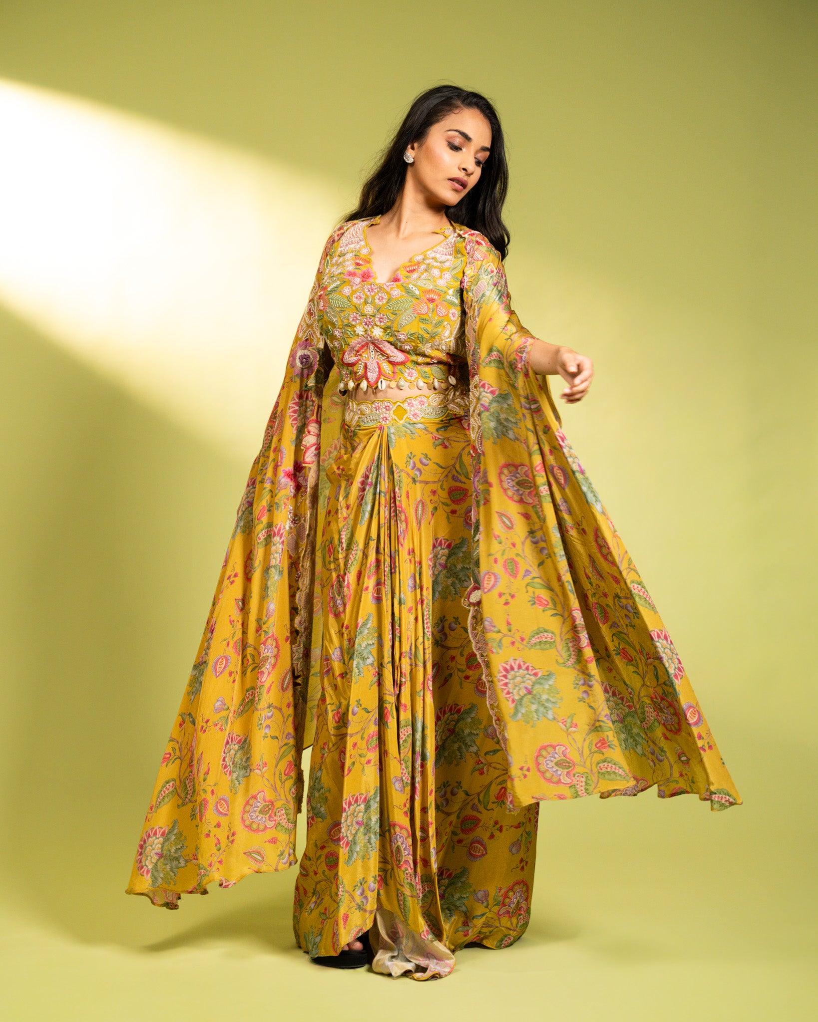 YELLOW FLORAL DRAPE SKIRT