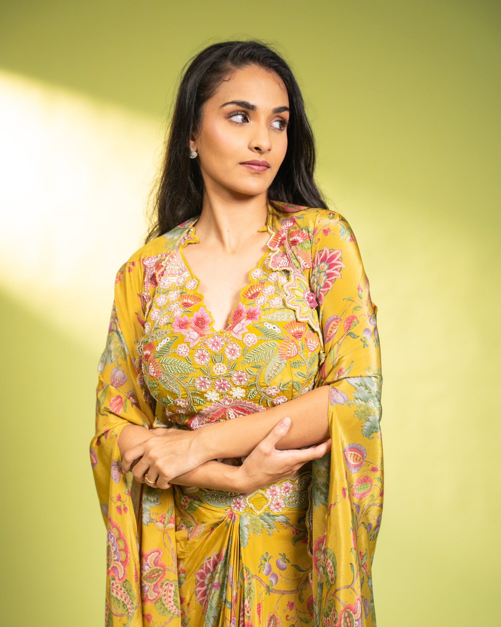 YELLOW FLORAL DRAPE SKIRT