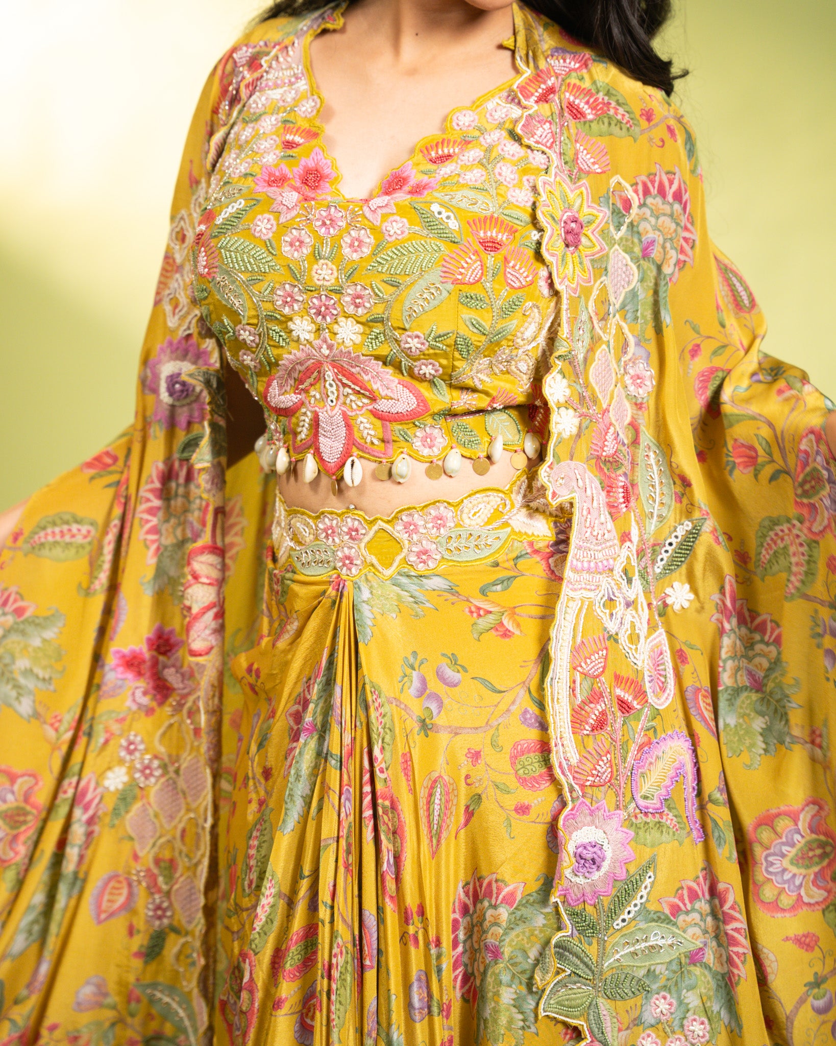YELLOW FLORAL DRAPE SKIRT