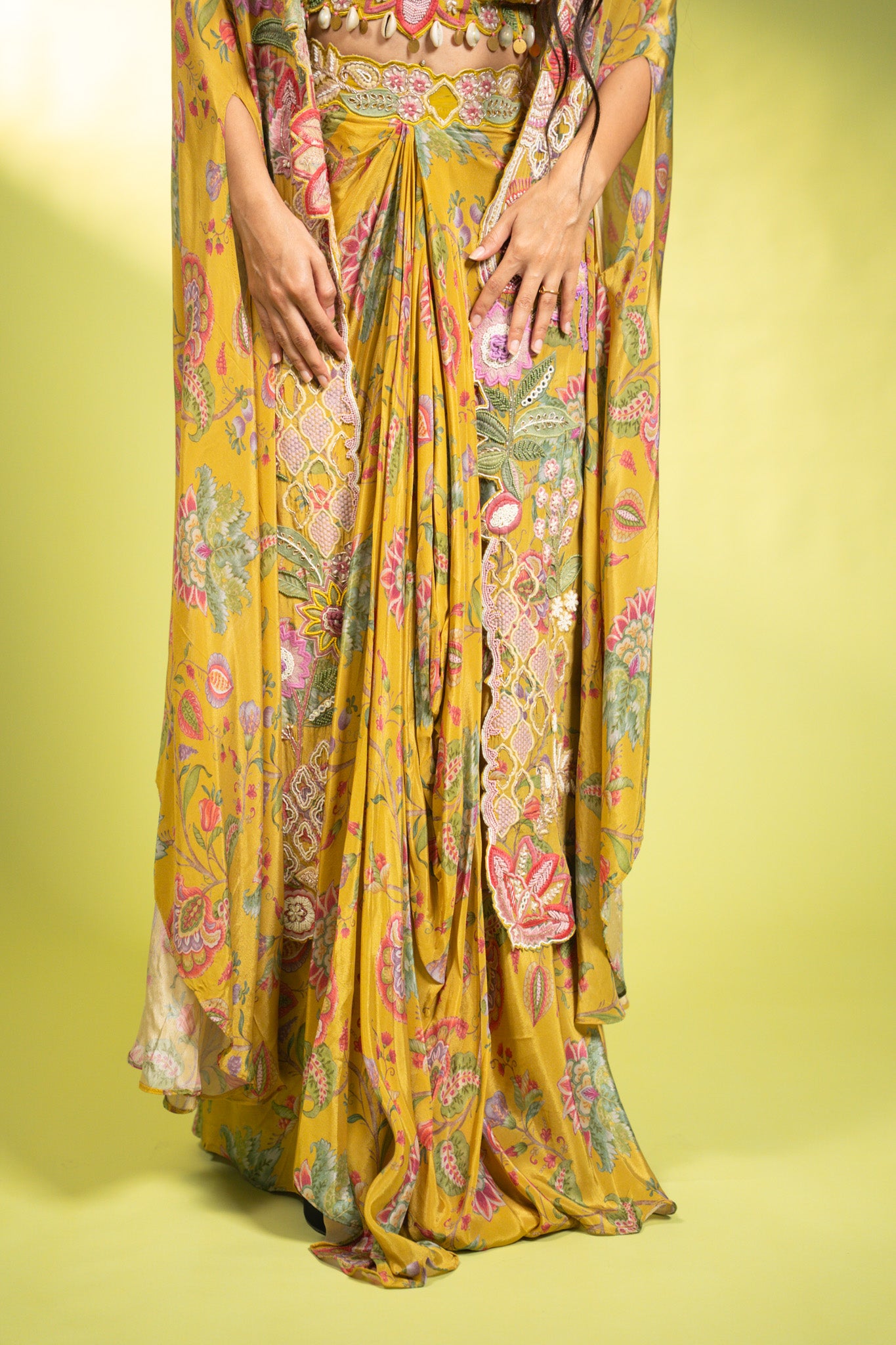 YELLOW FLORAL DRAPE SKIRT