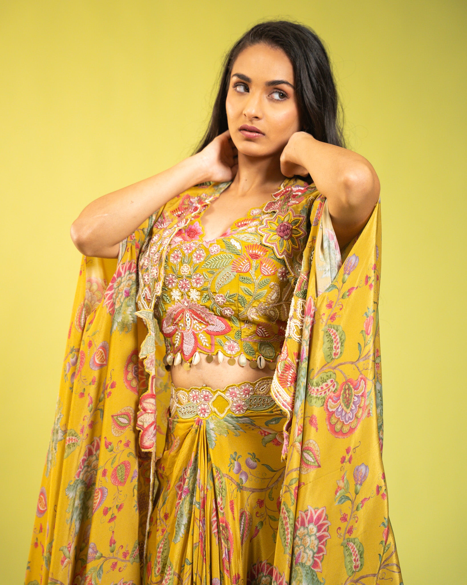 YELLOW FLORAL DRAPE SKIRT